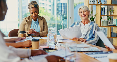 Buy stock photo Boardroom, meeting and smile with business woman in office for discussion or planning. Collaboration, design and project management with happy employee team in creative workplace for strategy