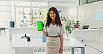 Green screen, phone and portrait of woman in office for web engineering presentation for career growth. Chroma key, mockup space and female person with frontend development project in workplace.