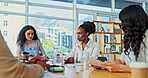 Boardroom, collaboration and meeting with business woman in office for discussion or planning. Creative, design and project management with employee team in workplace for feedback or strategy