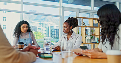 Buy stock photo Boardroom, collaboration and meeting with business woman in office for discussion or planning. Creative, design and project management with employee team in workplace for feedback or strategy