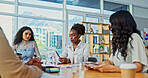 Boardroom, creative and meeting with business woman in office for discussion or planning. Collaboration, design and project management with employee team in workplace for feedback or strategy