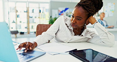 Buy stock photo Business woman, laptop and bored with burnout, tired and fatigue for project research in office. Frustrated, girl and creative person with workaholic, exhausted and pressure from workload online