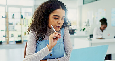 Buy stock photo Brainstorming, laptop and businesswoman in office with ideas for stock market feedback online. Computer, thinking and female financial manager with email for investment planning in workplace.