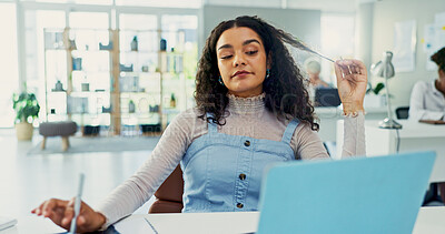 Buy stock photo Business woman, laptop and reading in office for inspiration, agenda and administration at desk. Journalist employee, person and ideas with technology for research, planning and creative proposal