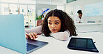 Business woman, laptop and tired with bored, frustrated and fatigue for project research in office. Burnout, girl and creative person with workaholic, exhausted and pressure from workload online