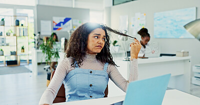 Buy stock photo Bored, frustrated and woman in office with laptop, checking hair and waiting for email at digital agency. Thinking, tired and designer at desk with burnout, brain fog or irritated with online project
