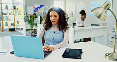 Buy stock photo Shock, business and woman on laptop in office for accounting, finance research and report mistake. Female person, online and feedback with financial error, audit payroll and review budget for company