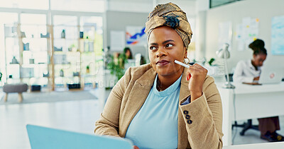 Buy stock photo Planning, laptop and businesswoman in office with ideas for creative project with web development. Brainstorming, thinking and female UX designer with computer for decision on interface technology.