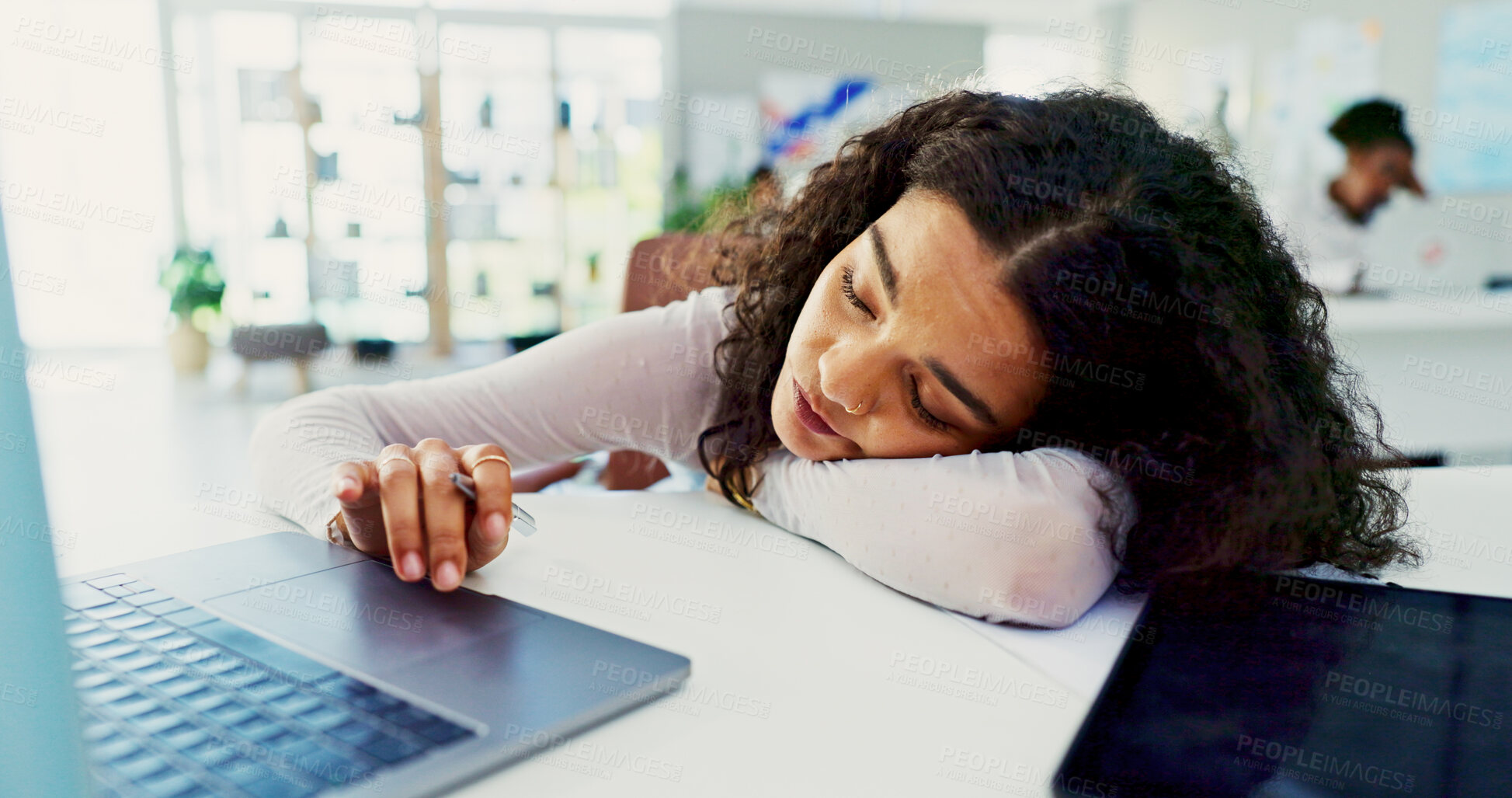 Buy stock photo Business woman, sleeping and fatigue with laptop for burnout or insomnia at office desk. Tired, female person or lazy employee asleep with technology for procrastination or bored day at workplace