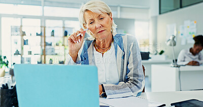 Buy stock photo Doubt, laptop and business woman in office with thinking for stock market feedback. Computer, ideas and mature female financial manager confused with email for investment planning in workplace.
