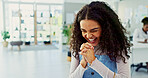 Happy woman, surprise or celebration with good news at office for winning, promotion or offer. Excited, female person or employee with smile in relief for notification, career deal or job opportunity