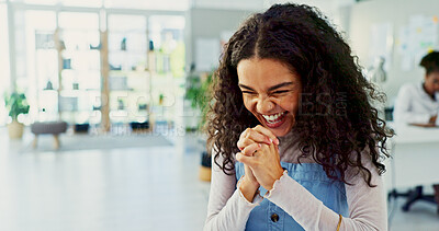 Buy stock photo Happy woman, surprise or celebration with good news at office for winning, promotion or offer. Excited, female person or employee with smile in relief for notification, career deal or job opportunity