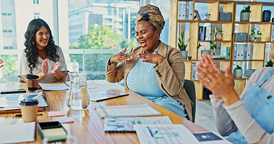 Buy stock photo Happy woman, team and celebration with applause for winning, promotion or thank you at office. Female person, excited employees or clapping with motivation or support for good news at workplace
