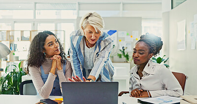 Buy stock photo Team, laptop and business women in meeting for campaign manager, branding strategy and research. Social media growth, online engagement and brainstorming with people in office for creative startup