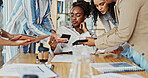 Woman, phone and time management with hands in office at startup, deadline and multitask with team. Person, group and tablet with smartphone for networking, notes and contact at creative agency
