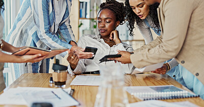 Buy stock photo Woman, phone and time management with hands in office at startup, deadline and multitask with team. Person, group and tablet with smartphone for networking, notes and contact at creative agency