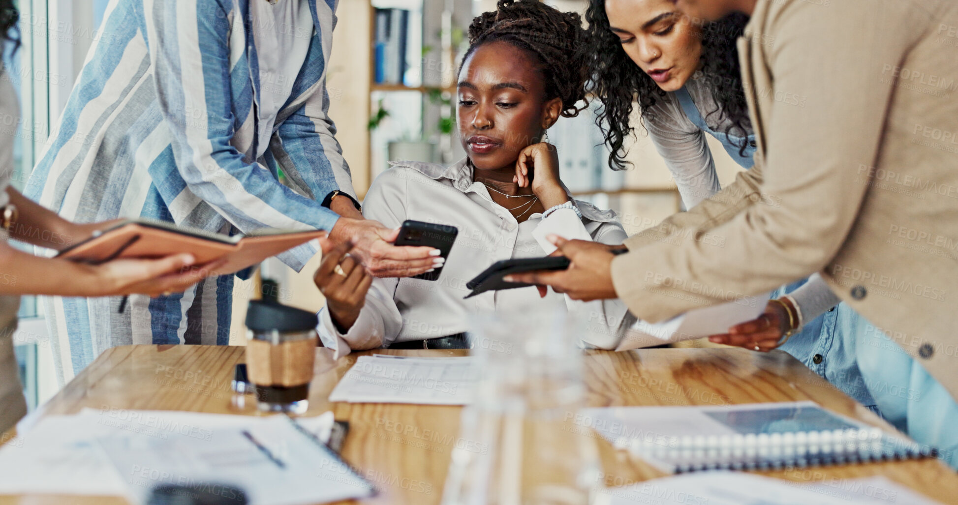 Buy stock photo Woman, phone and time management with hands in office at startup, deadline and multitask with team. Person, group and tablet with smartphone for networking, notes and contact at creative agency