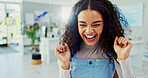 Excited woman, surprise or celebration with good news at office for winning, promotion or offer. Happy, female person or employee with smile in relief for notification, career deal or job opportunity