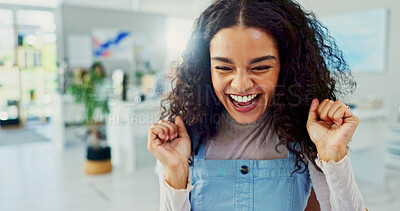 Buy stock photo Excited woman, surprise or celebration with good news at office for winning, promotion or offer. Happy, female person or employee with smile in relief for notification, career deal or job opportunity