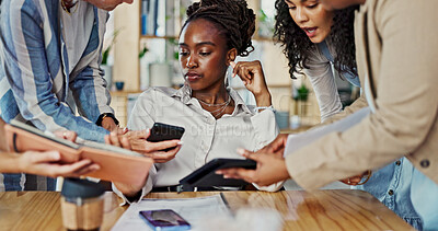 Buy stock photo Business people, chaos and woman in office, stress and workflow with deadline. Group, employees and employee with pressure, burnout and overworked with collaboration project, anxiety and meeting