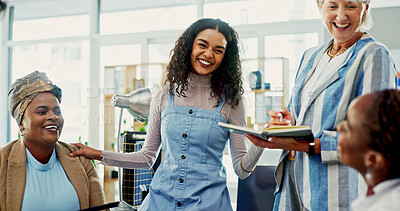 Buy stock photo Collaboration, project management and smile with business women in office for discussion. Creative, design and explain with happy employee team in workplace for assignment, delegation or tasks