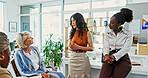 Advisor, planning and business women in meeting for campaign manager, branding strategy and teamwork. Feedback growth, project pitch and brainstorming with people in office for creative startup