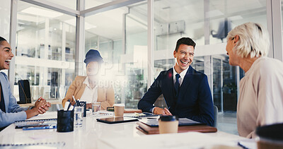Buy stock photo Meeting, business people and team laugh in office for funny joke, idea or investment story. Happy group, strategy or discussion with finance manager, planning or conversation for humor with flare