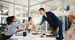 Handshake, success and teamwork with business people in meeting for project approval, achievement and deal. Promotion, congratulations and welcome with employees in office for profit and thank you
