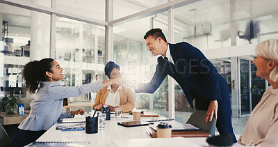 Buy stock photo Handshake, success and teamwork with business people in meeting for project approval, achievement and deal. Promotion, congratulations and welcome with employees in office for profit and thank you
