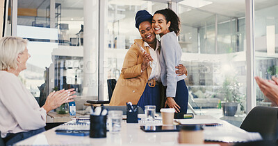 Buy stock photo Business people, celebration and woman with award, smile and applause for recognition. Person, employees and consultant in workplace, kpi target and goals with thank you, congrats and achievement