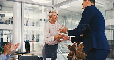 Buy stock photo Award, meeting and business people clapping hands in office for collaboration, achievement or celebration. Applause, corporate partnership and female manager with reward for employee in workplace.