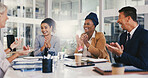 Applause, success and teamwork with business people in meeting for project approval, achievement and deal. Promotion, congratulation and revenue growth with employees in office for profit bonus