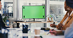 Green screen, computer or video call with business people in office for workplace development. Mockup space, presentation or monitor with tracking markers for employees, meeting or display in webinar
