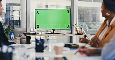 Buy stock photo Green screen, computer or video call with business people in office for workplace development. Mockup space, presentation or monitor with tracking markers for employees, meeting or display in webinar