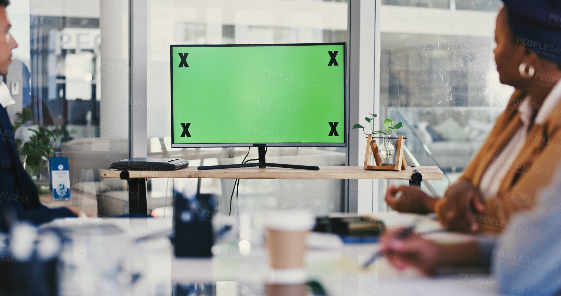 Buy stock photo Green screen, computer or video call with business people in office for workplace development. Mockup space, presentation or monitor with tracking markers for employees, meeting or display in webinar