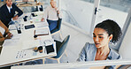 Business people, brainstorming and woman in office, whiteboard and planning for company growth. Employees, group and leader in workplace, ideas and meeting for feedback, stats and review proposal