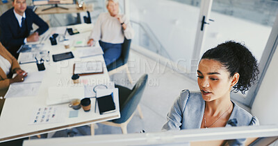 Buy stock photo Business people, brainstorming and woman in office, whiteboard and planning for company growth. Employees, group and leader in workplace, ideas and meeting for feedback, stats and review proposal