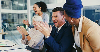 Buy stock photo Clapping hands, good news and business people in office with teamwork, success or collaboration. Happy, celebration and financial advisors with applause for company investment approval in workplace.