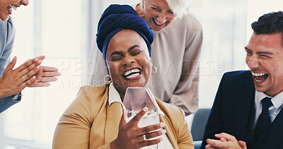 Buy stock photo Business people, celebration and woman with award, trophy and applause for recognition. Person, success and consultant in workplace, kpi target and promotion with thank you, congrats and achievement