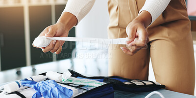 Buy stock photo Hands, person and bandage for first aid course with injury safety, dressing demonstration and lesson. Woman, explain and wound care with gauze, medical emergency and learning procedure of life saving