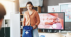 Woman, teaching and bag for first aid course for rescue safety, demonstration lesson and advice. Person, explaining and medical kit for emergency risk, learning procedure and process for life saving