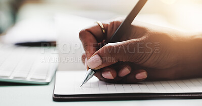 Buy stock photo Hand, notebook and writing with business person at desk in office for agenda, planning or schedule. Diary, journal or planner with notes of employee closeup in workplace for appointment or ideas