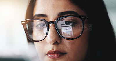 Buy stock photo Glasses, reading and woman with news in office with online blog post for stock market crash. Spectacles, technology and female financial manager with story on corporate tax increase with reflection