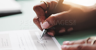 Buy stock photo Hands, document and woman with signature on contract for insurance policy, title deed and compliance agreement. Closeup, person and writing on legal paperwork for loan application or settlement deal