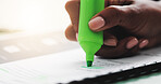 Office, documents and hands of person with highlighter for notes on proposal, report and contract. Professional, edit and worker with marker on paperwork for proofreading, review and inspection