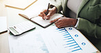 Hands, business person and writing with documents, graphs for profit growth and sales analytics. Closeup, woman or financial advisor with calculator, paperwork and notes for charts or company revenue