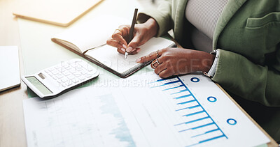 Hands, business person and writing with documents, graphs for profit growth and sales analytics. Closeup, woman or financial advisor with calculator, paperwork and notes for charts or company revenue