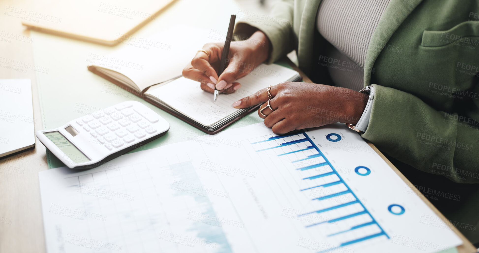 Buy stock photo Hands, business person and writing with documents, graphs for profit growth and sales analytics. Closeup, woman or financial advisor with calculator, paperwork and notes for charts or company revenue