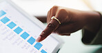 Statistics, screen and hands of person on tablet with graph, online data and information. Business, professional and closeup of worker on digital tech for report, finance review and profit analytics