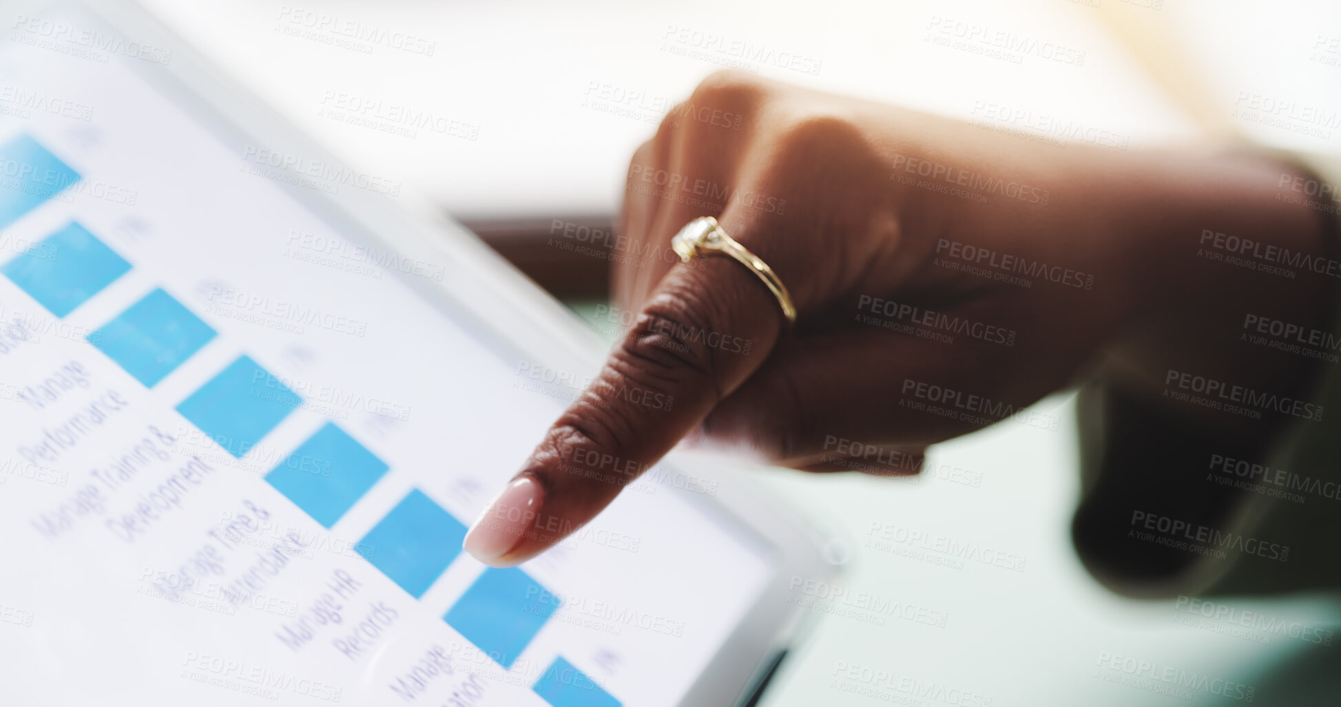 Buy stock photo Statistics, screen and hands of person on tablet with graph, online data and information. Business, professional and closeup of worker on digital tech for report, finance review and profit analytics